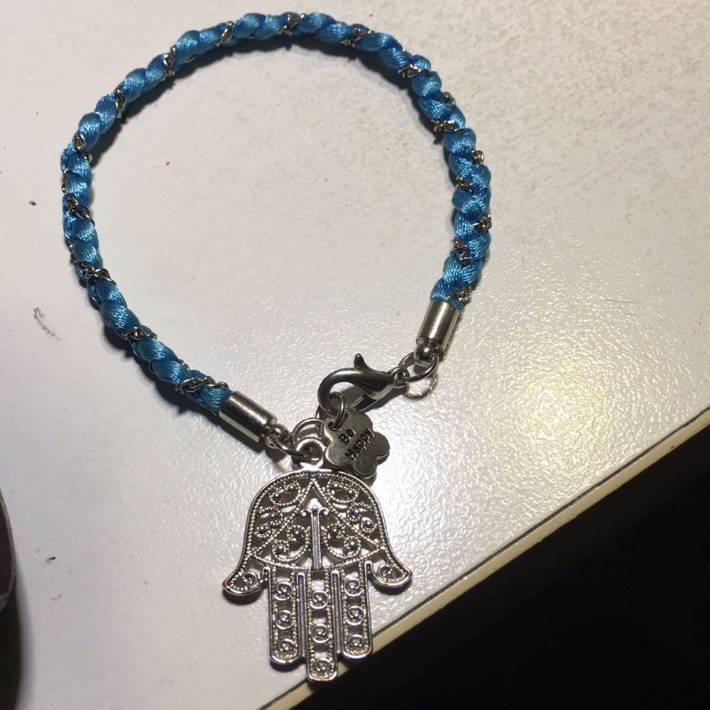 Hamza silver tone blue macrame braided bracelet